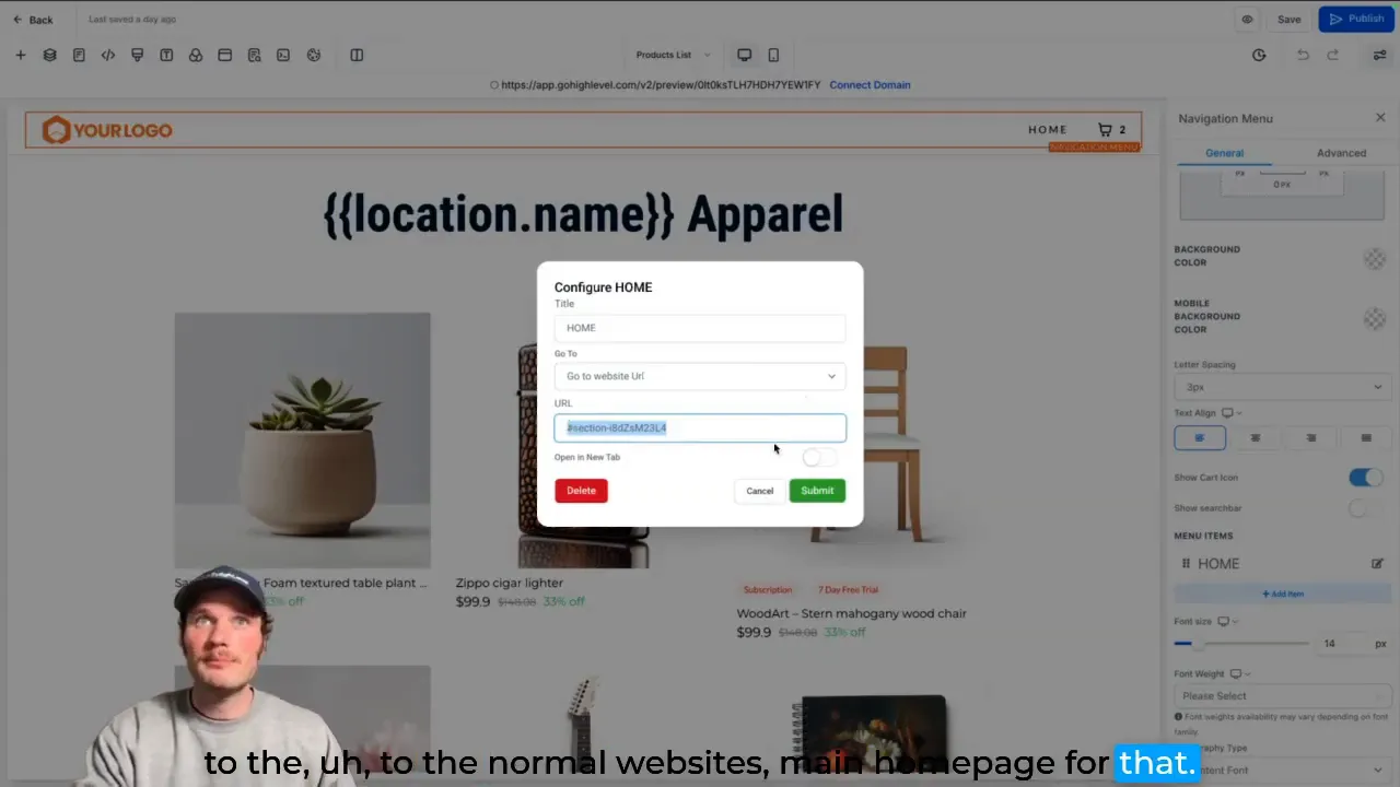 GFunnel drag-and-drop funnel editor showing header and footer customization