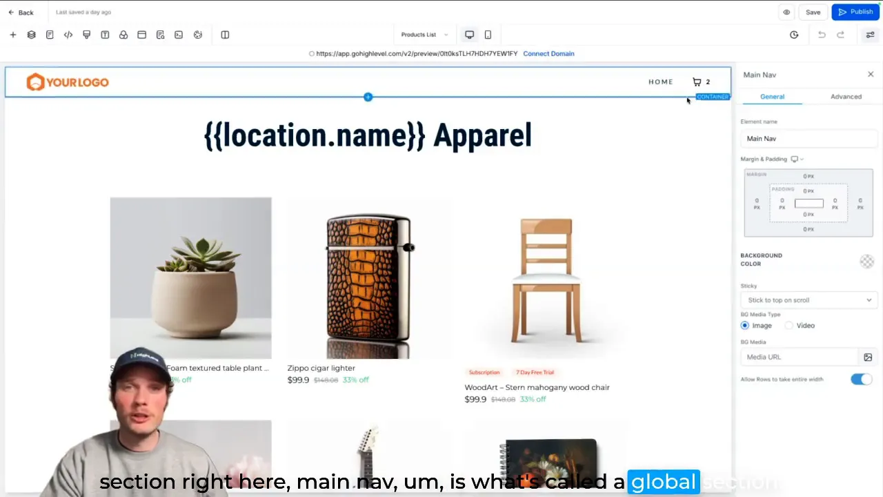GFunnel global section customization for header navigation