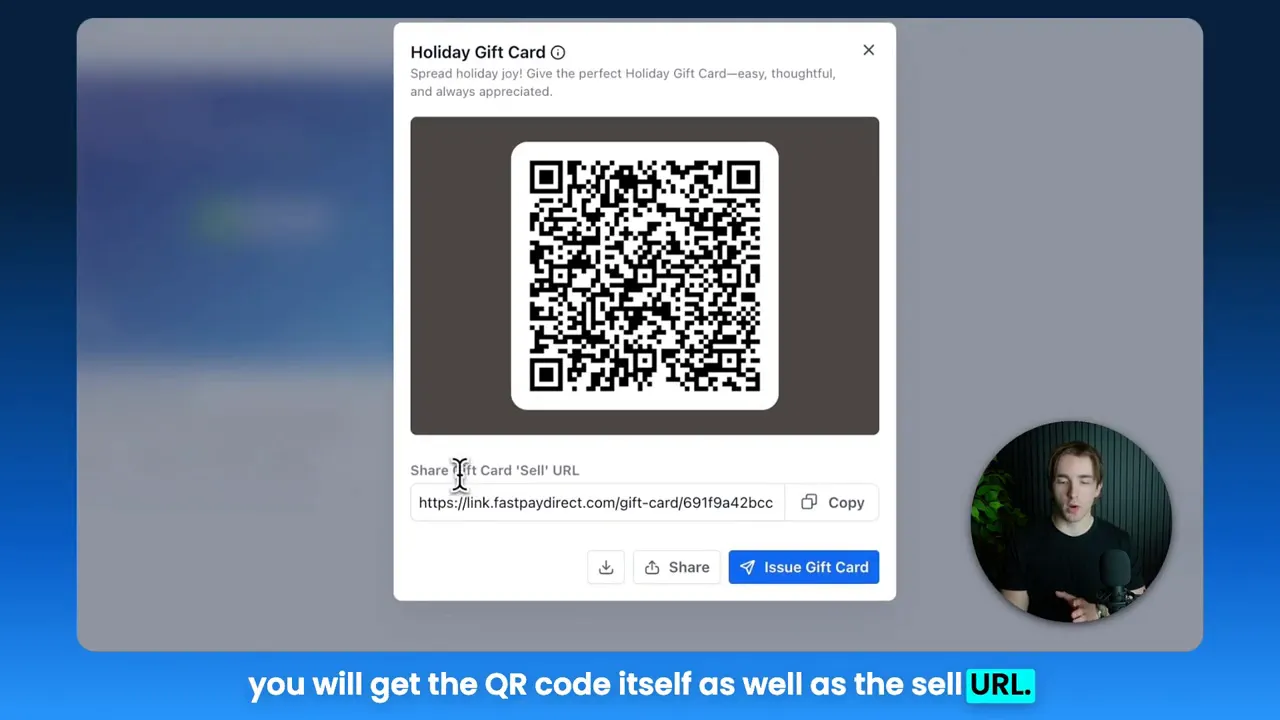Popup showing a holiday gift card QR code with the sell URL, copy button and Issue Gift Card action.