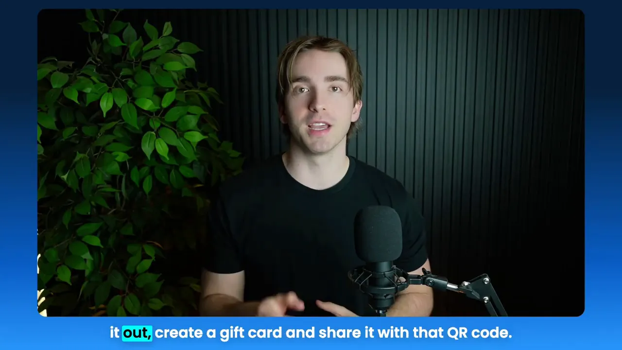 Presenter facing the camera with a microphone, talking about GFunnel community networking features and distribution.