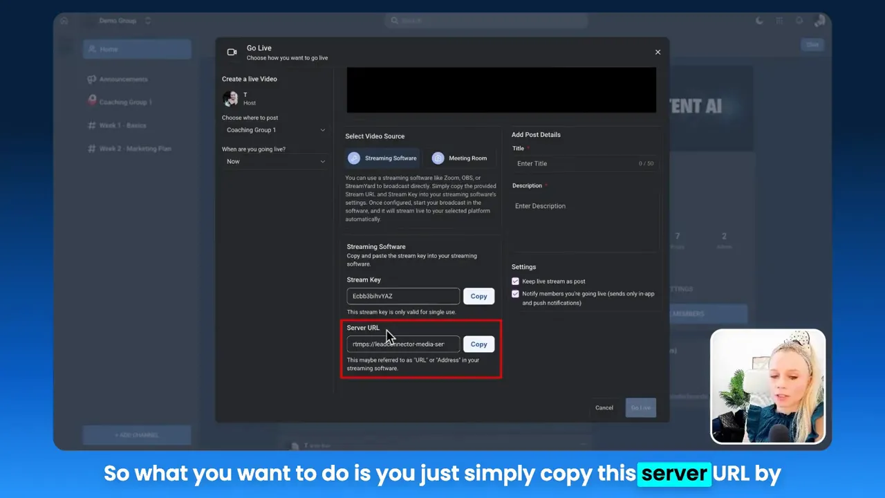 Server URL field highlighted in GFunnel Go Live settings for external streaming setup
