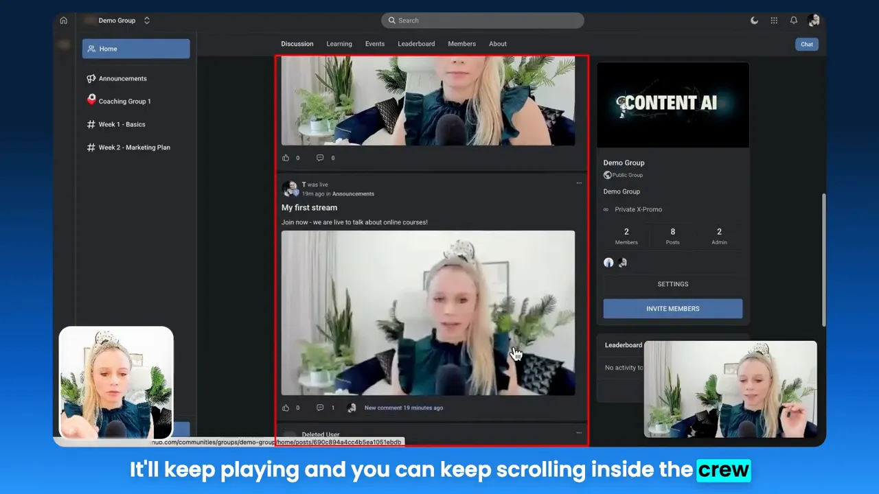 Community group UI showing a highlighted post and a floating mini video player in the bottom-right demonstrating persistent playback while scrolling.