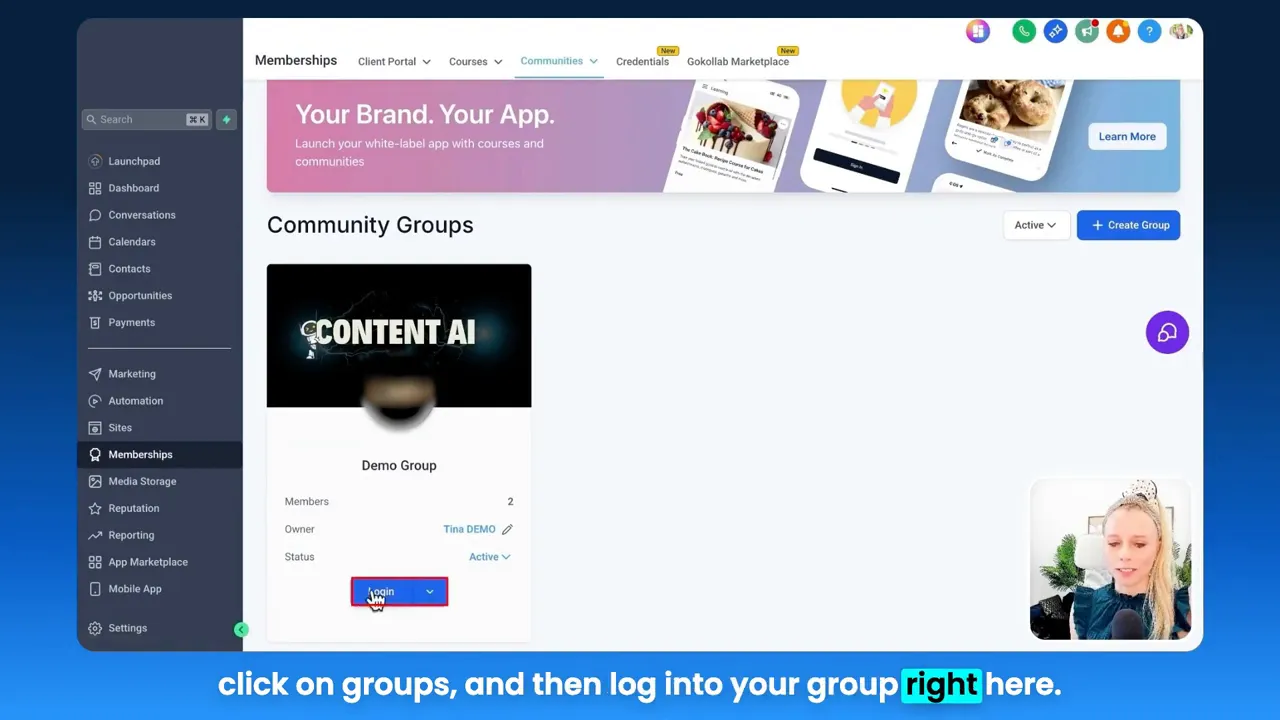 GFunnel Community Groups dashboard showing a demo group card and the Create Group button