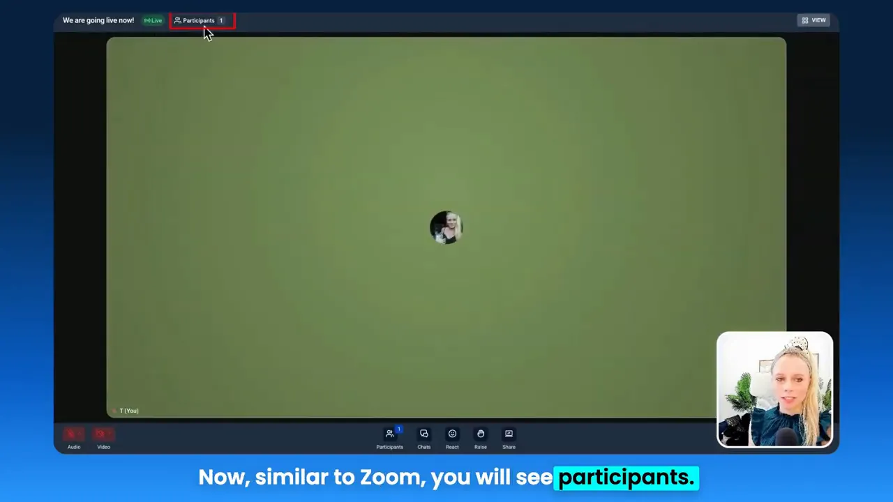 GFunnel live session screen with participants indicator and presenter thumbnail