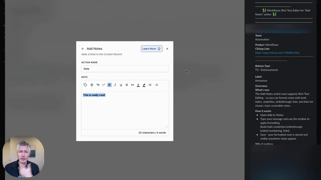 GFunnel 'Add Notes' modal with the rich-text toolbar visible and sample text highlighted to show formatting options