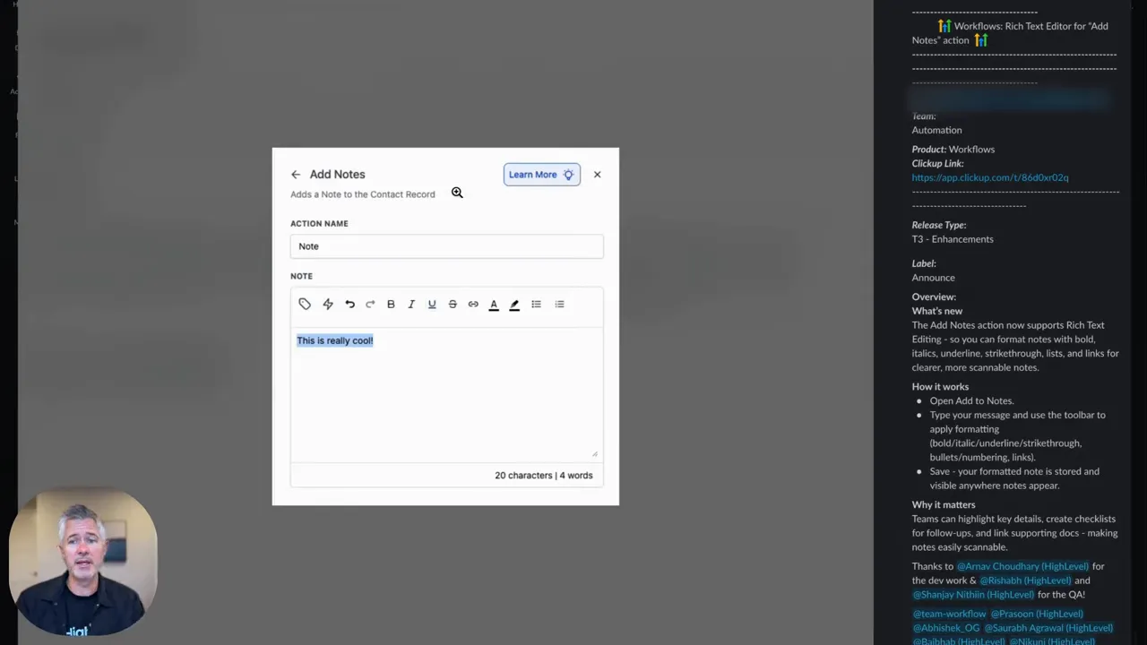 Clear view of GFunnel 'Add Notes' rich-text editor with highlighted note text and release notes sidebar