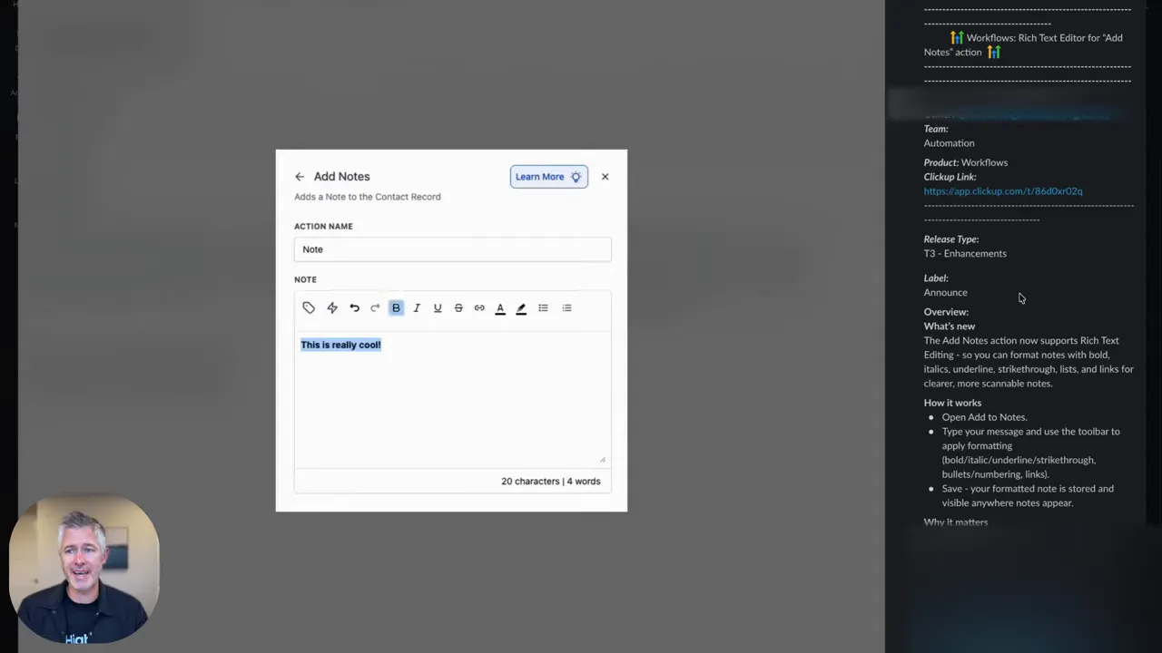 GFunnel Add Notes modal with text highlighted and formatting toolbar showing bold selected