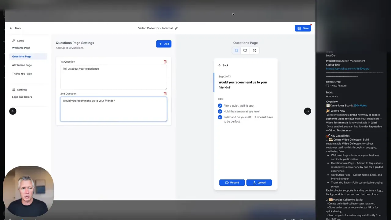 Video collector questions page with sample questions and mobile preview showing record and upload buttons
