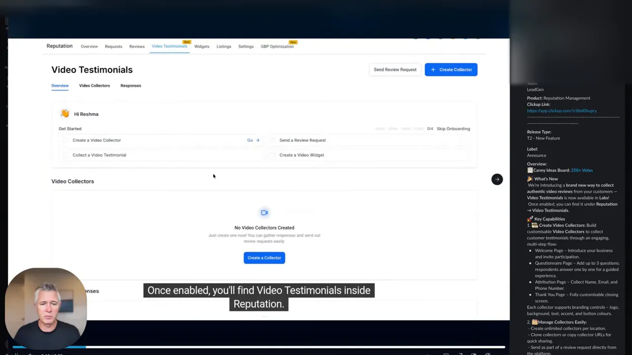 Video Testimonials dashboard showing a clear 'Create Collector' button and an empty Video Collectors area
