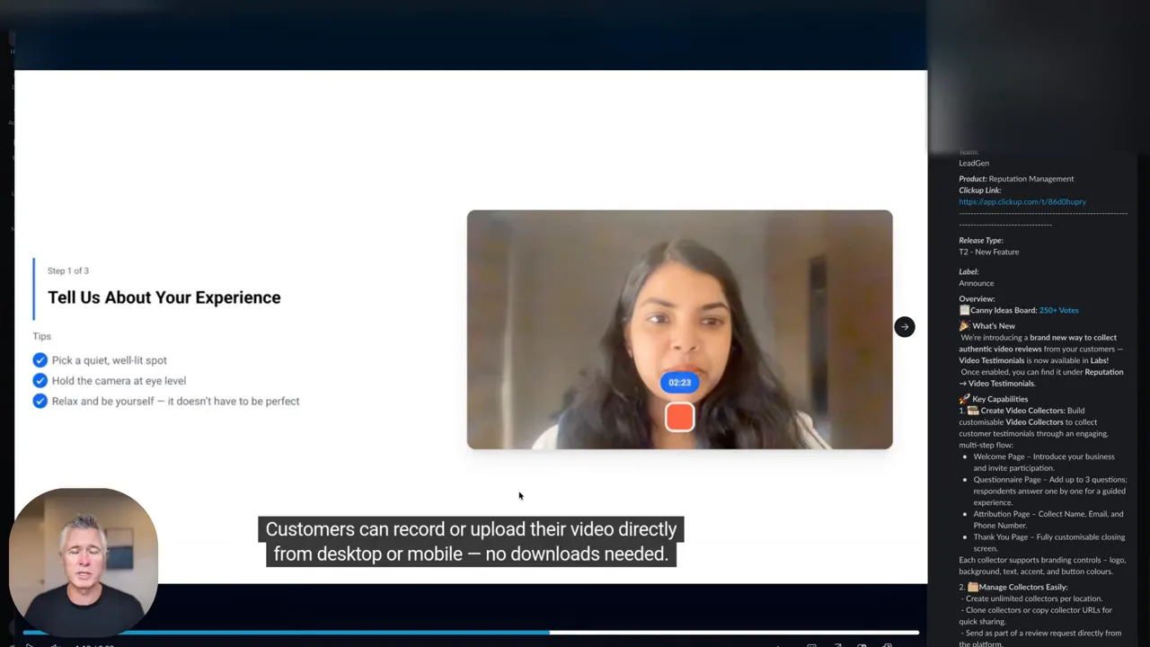 Video collector recording interface showing on-screen timer, record control, and guidance text illustrating mobile-first record or upload flow