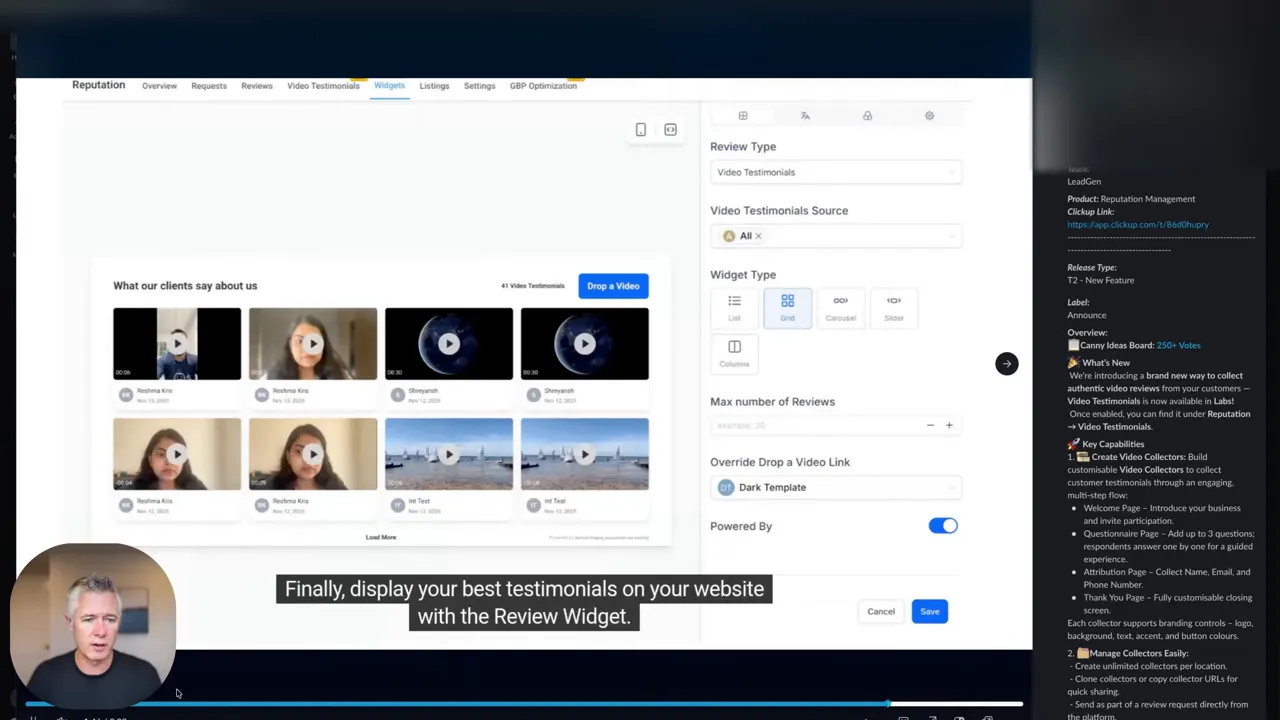 Clear screenshot of the Review Widget UI showing video testimonial thumbnails in a grid and the widget configuration panel, with an overlaid caption reading 'Finally, display your best testimonials on your website with the Review Widget.'