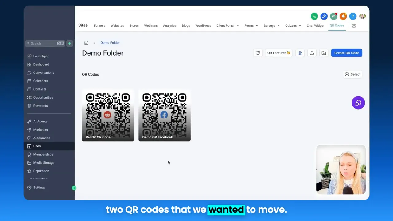 GFunnel QR Codes page showing a demo folder with two QR codes ready to move