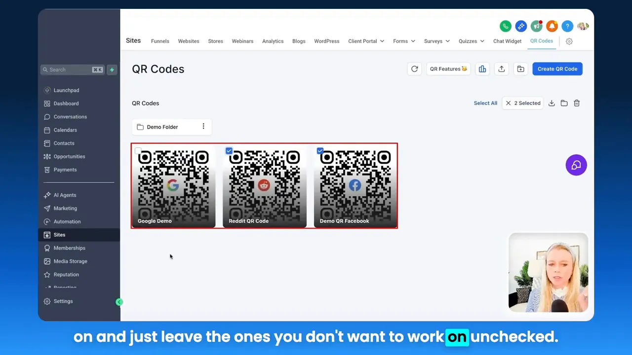 GFunnel QR Codes page with three QR codes checked and outlined, showing bulk selection and the top action area indicating items selected.