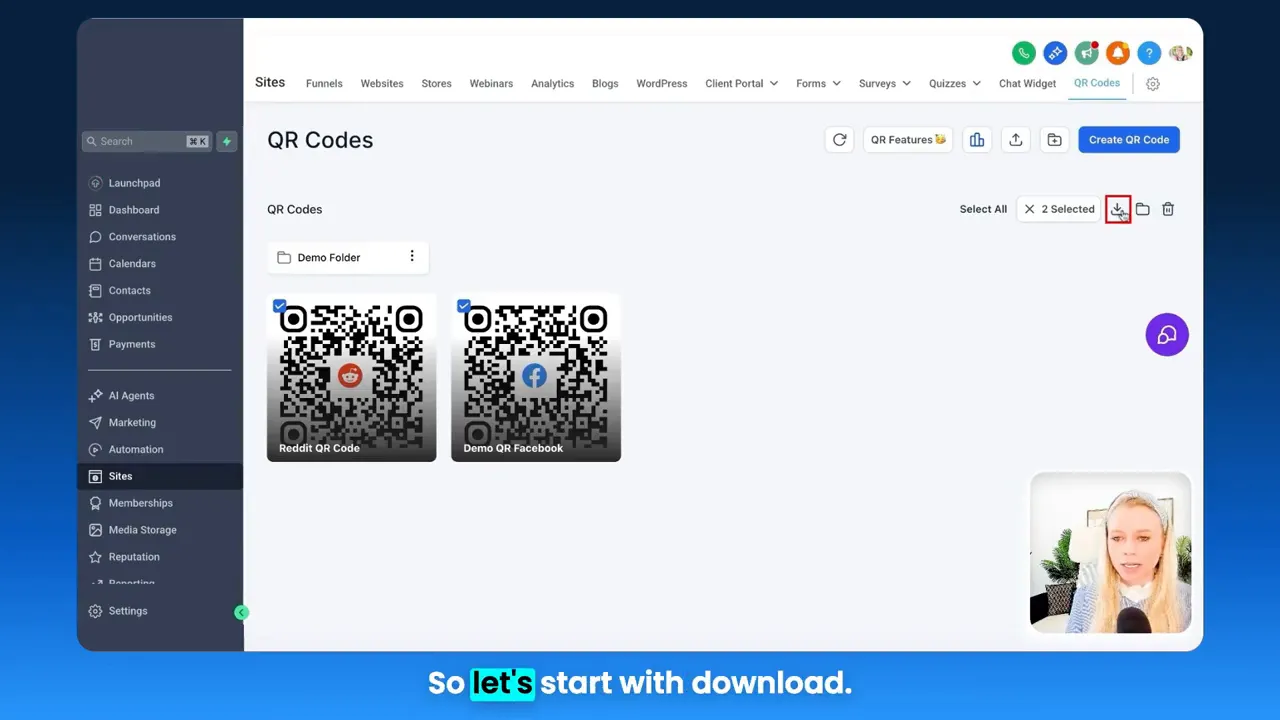 GFunnel QR Codes page with two QR codes checked and the download icon highlighted to initiate bulk export.