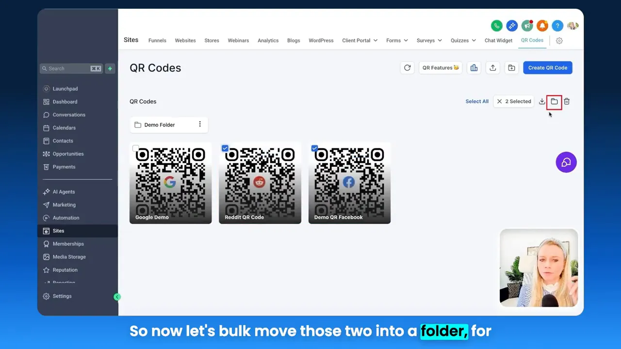 GFunnel QR Codes screen showing two selected QR codes and the folder/bulk action icon for moving into a folder.