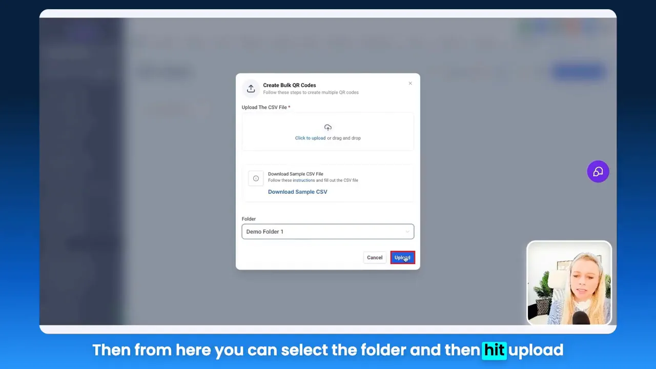 Create Bulk QR Codes modal with 'Demo Folder 1' selected in the Folder field and the Upload button highlighted.