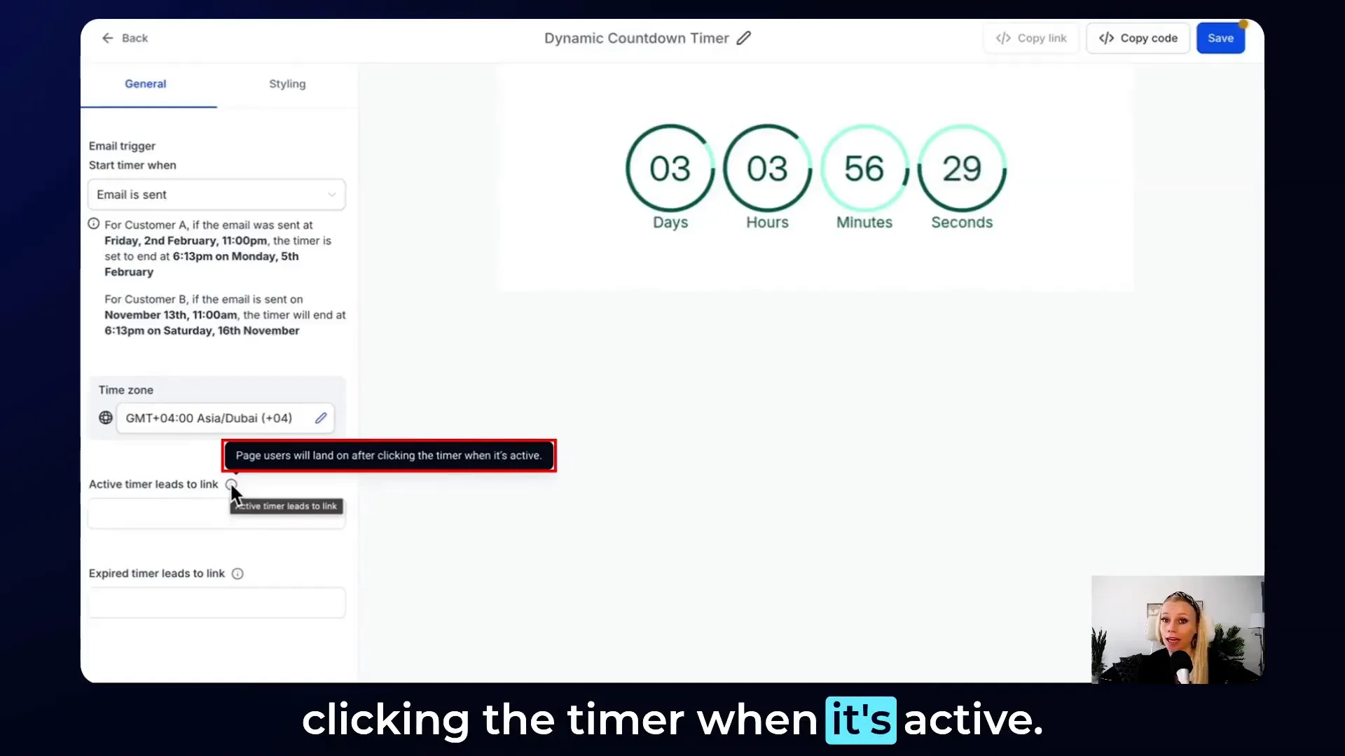 Countdown timer setup with active and expired link options