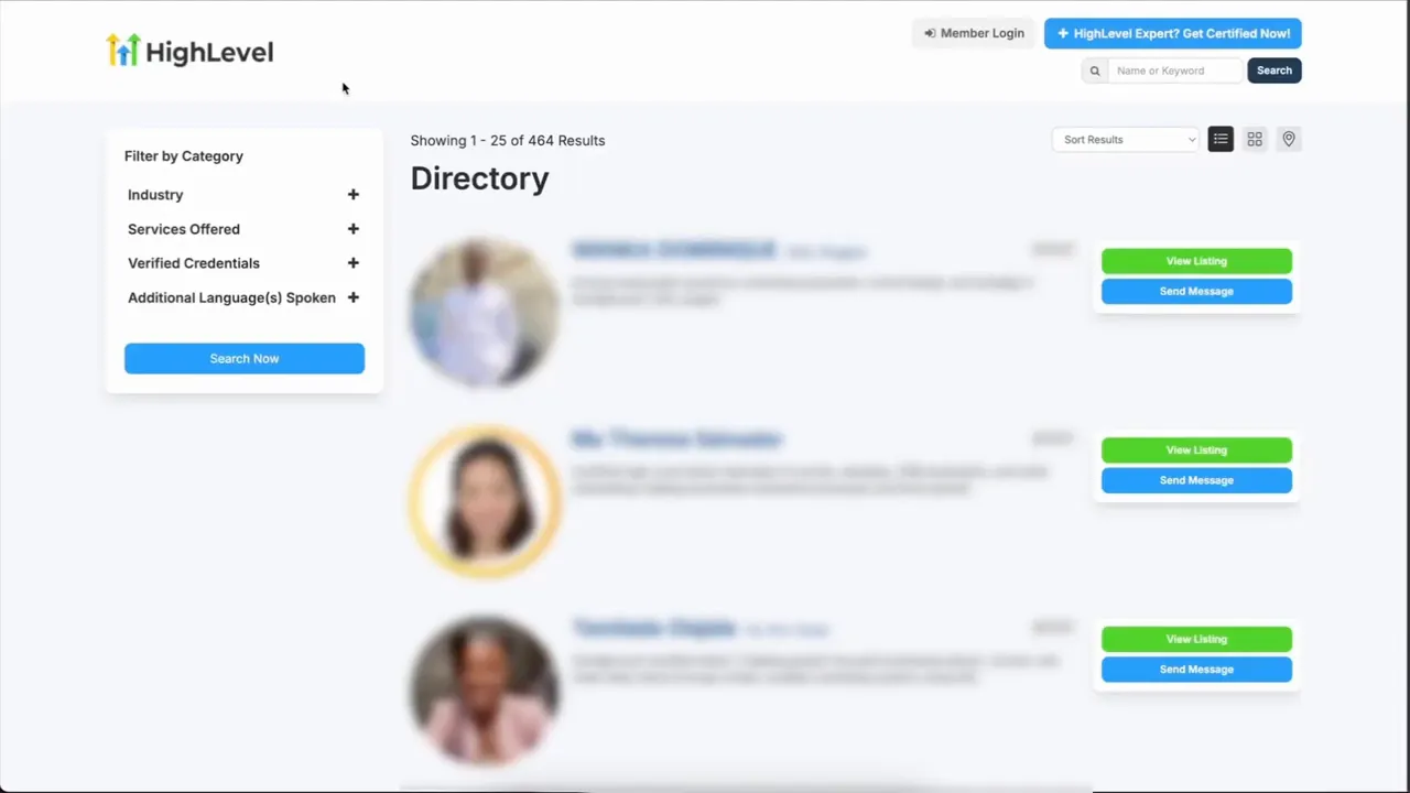 Website directory page listing certified professionals with 'View Listing' and 'Send Message' buttons visible.