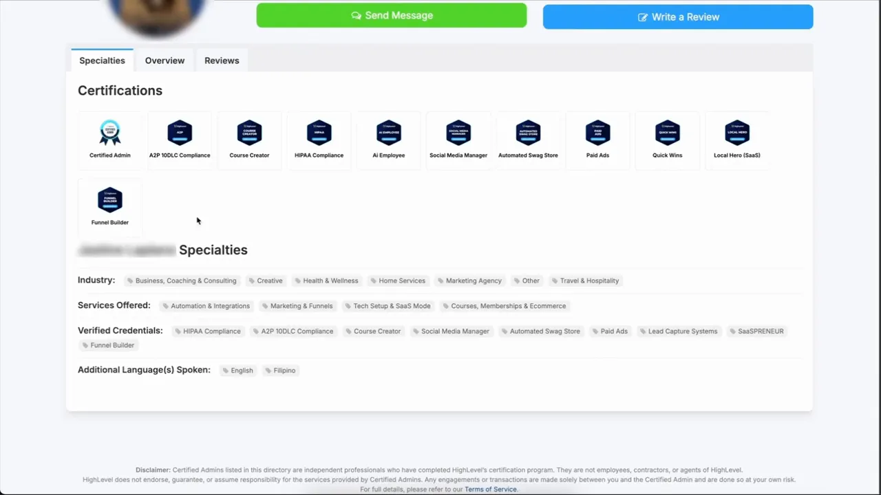 Clear view of certified admin badges, specialties and services on a directory profile
