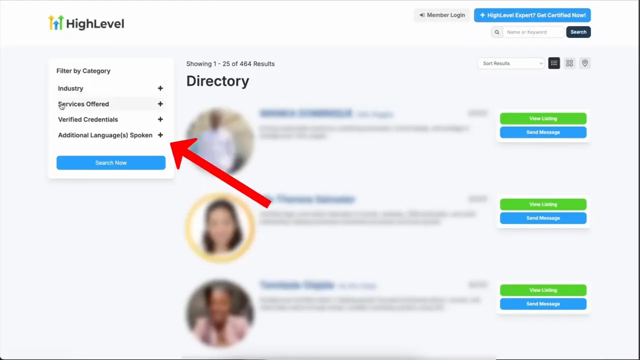 Directory page with a left-side filter panel and a red arrow pointing to the 'Services Offered' filter.