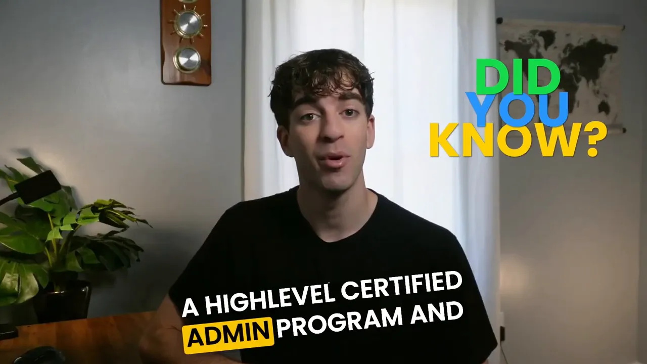 Presenter with on-screen graphics reading 'DID YOU KNOW?' and lower text 'A HighLevel certified admin program', used to highlight certification.