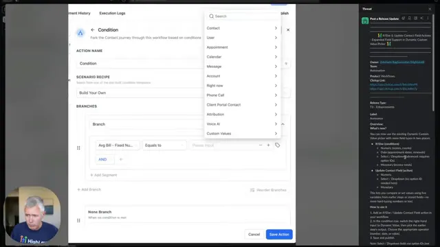 Workspace showing dynamic custom value picker options