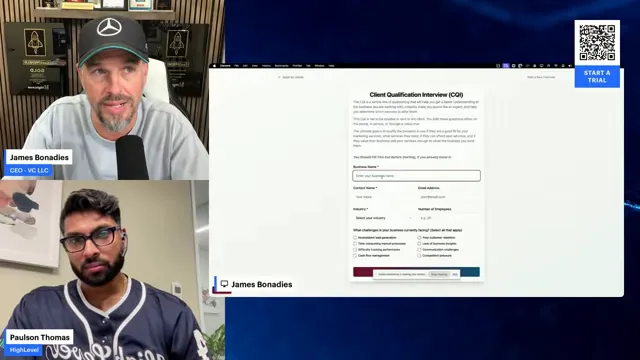 Interactive client qualification demo showing sector selection (roofing)