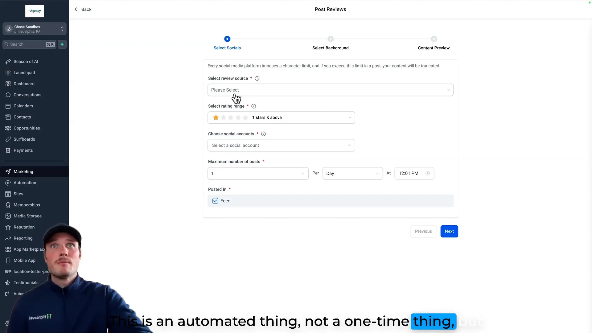 Social media planner interface showing automated review posts