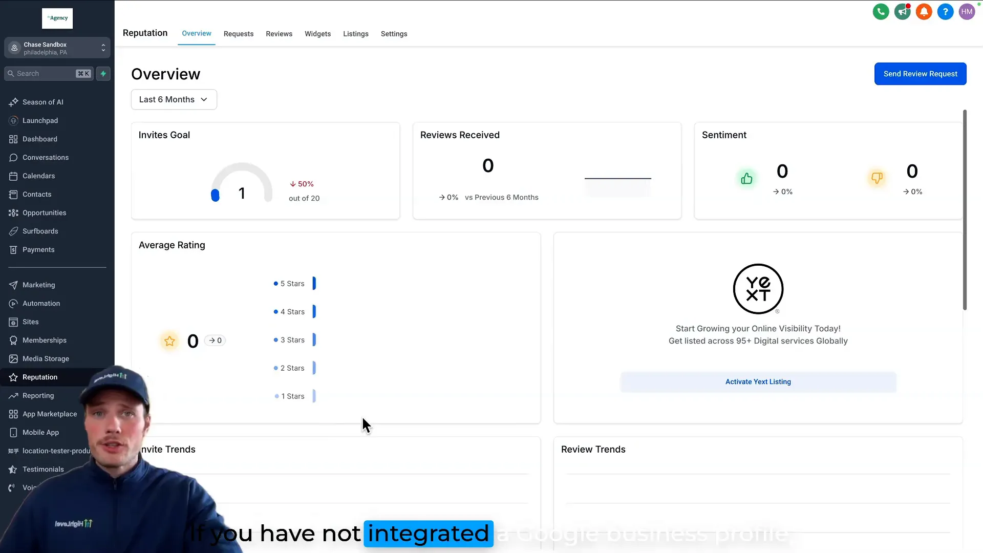 HighLevel platform showing reputation tab for Google reviews