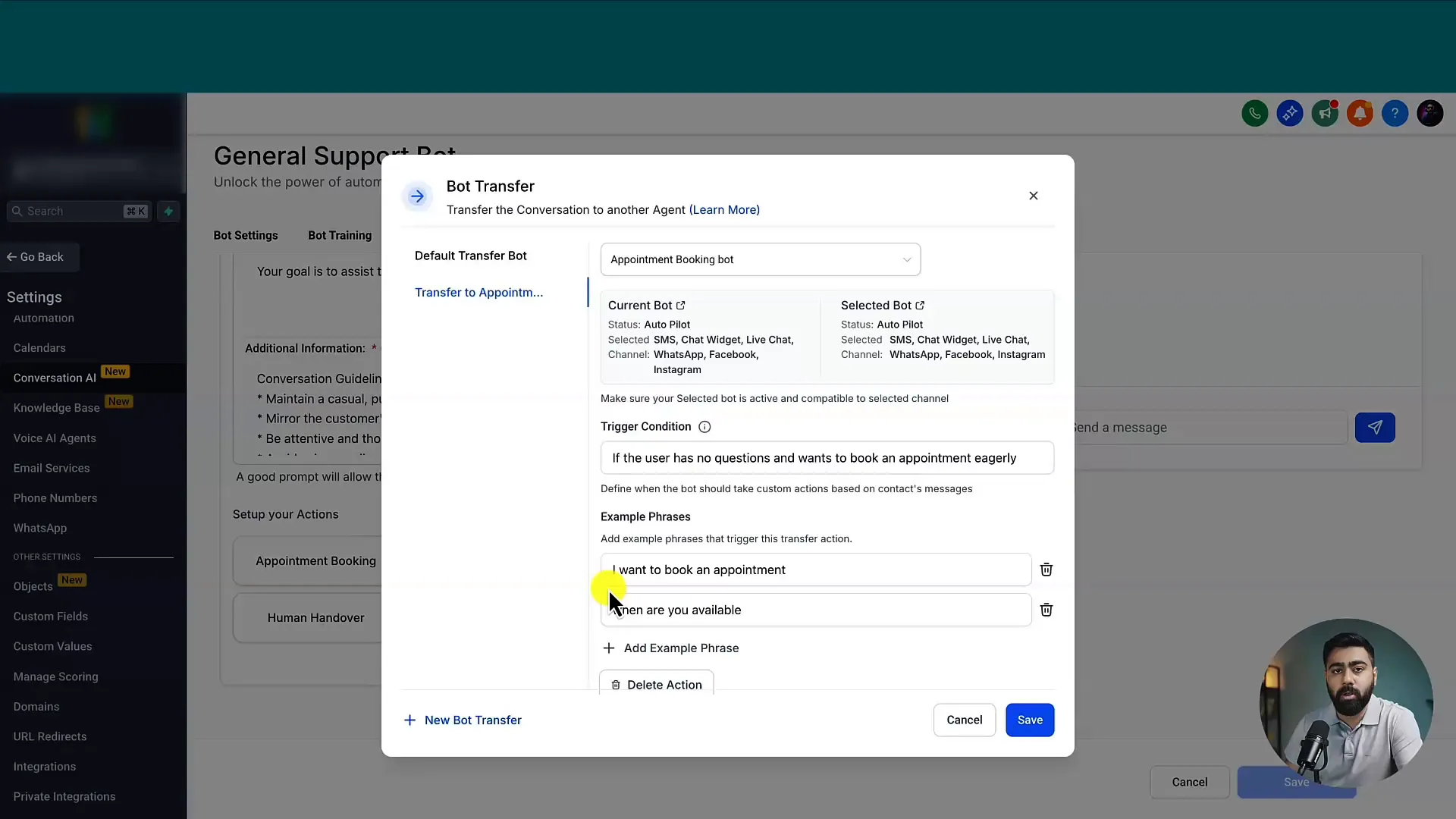 GFunnel AI bot training interface