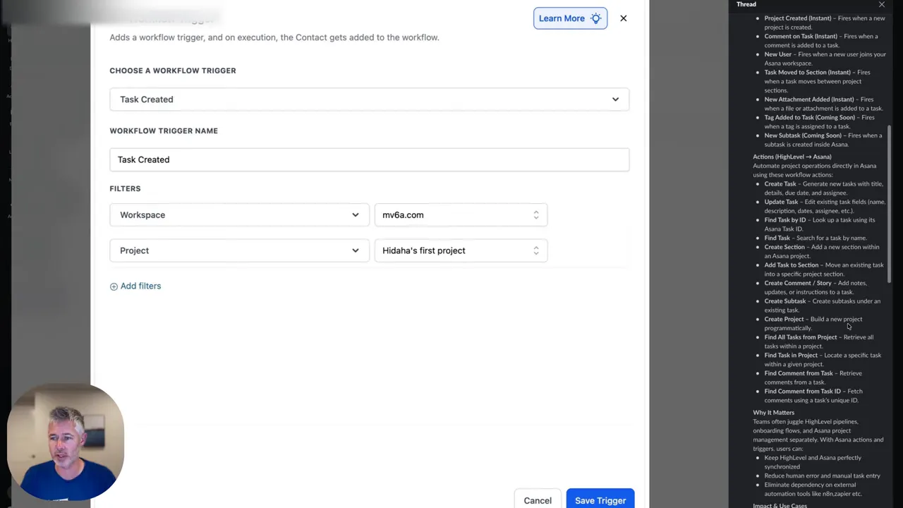 Workflow builder showing 'Choose a workflow trigger' with 'Task Created' selected and workspace/project filter fields