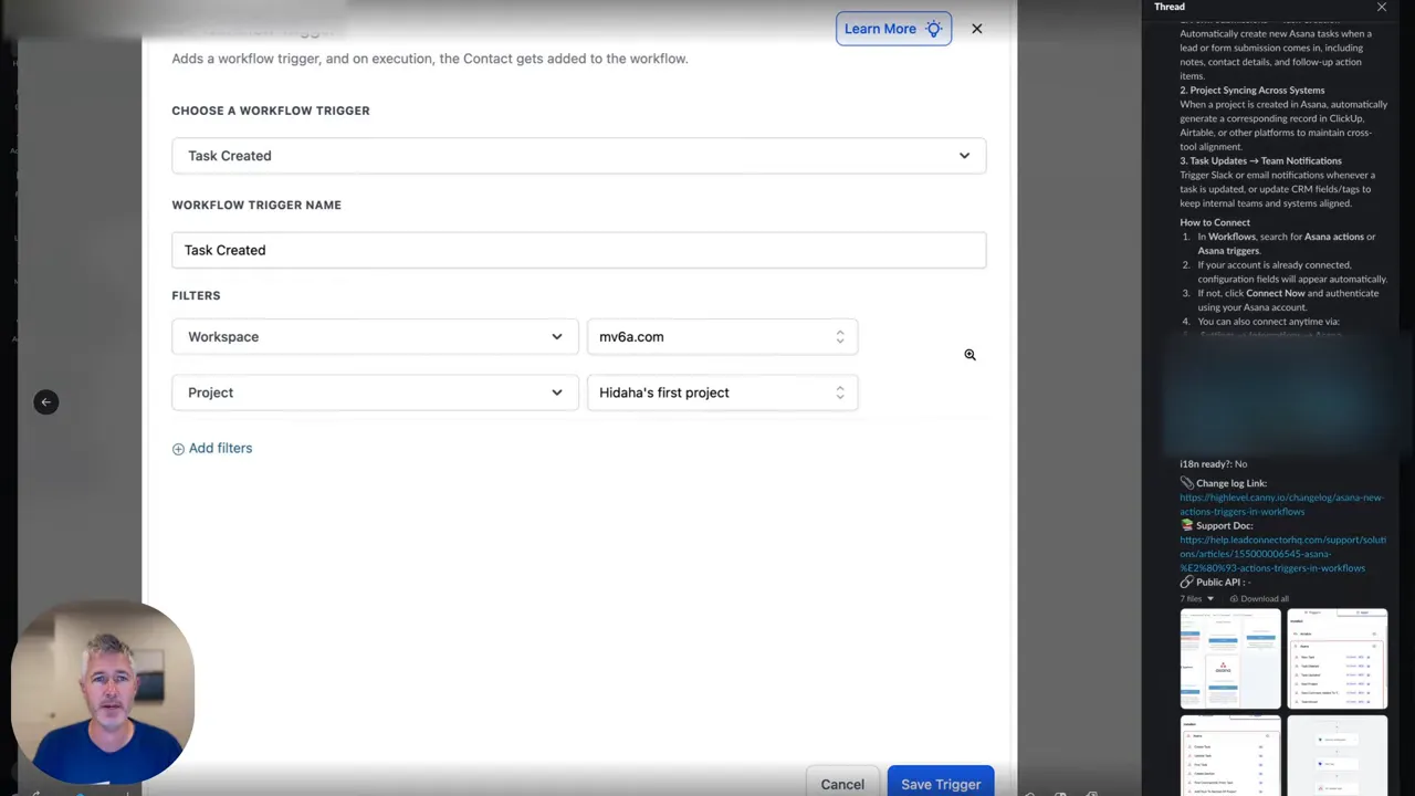 High‑clarity GFunnel workflow builder showing 'Task Created' trigger with workspace and project filters and small presenter overlay
