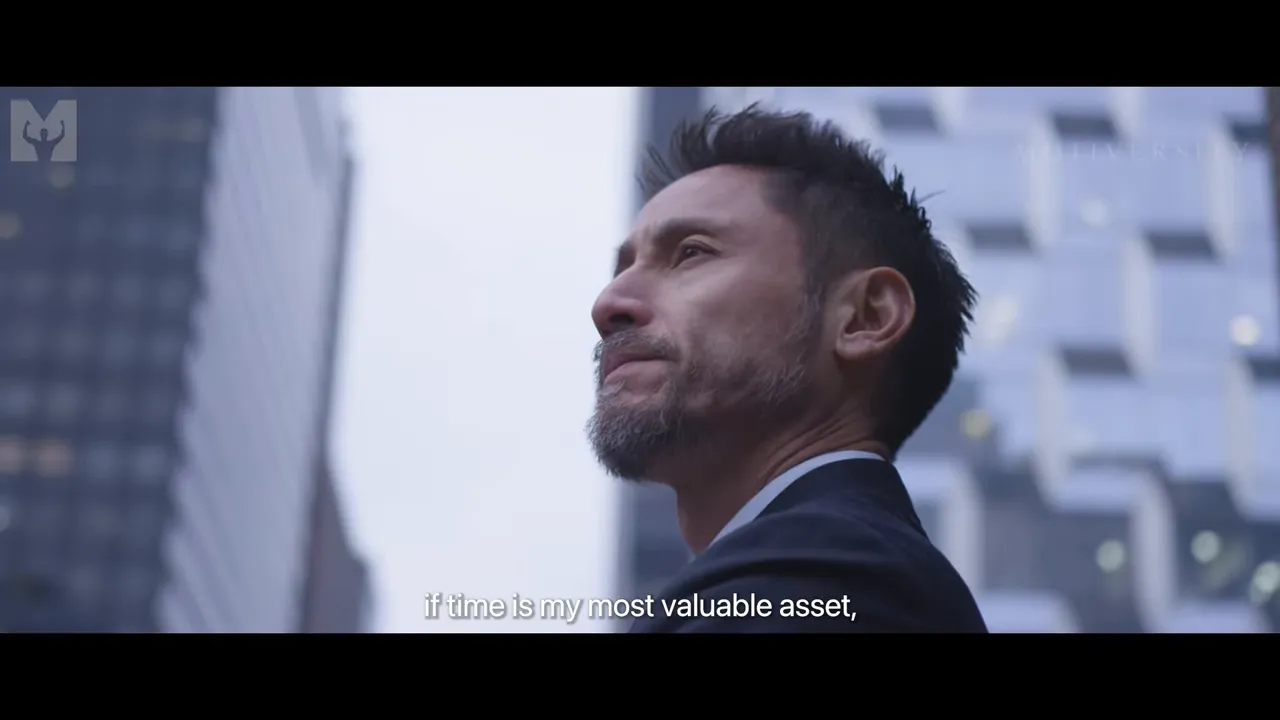 Businessperson gazing upward in a cityscape with onscreen subtitle 'if time is my most valuable asset'