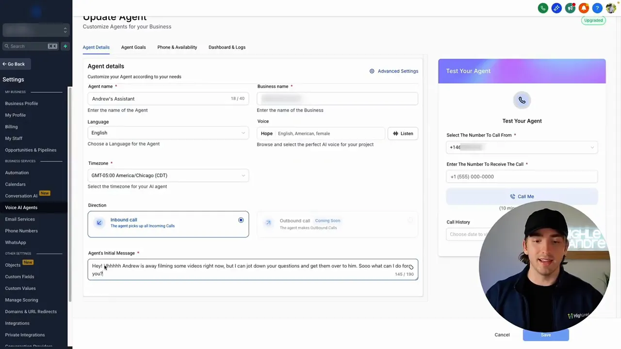 Configuring voice AI agents and phone availability settings