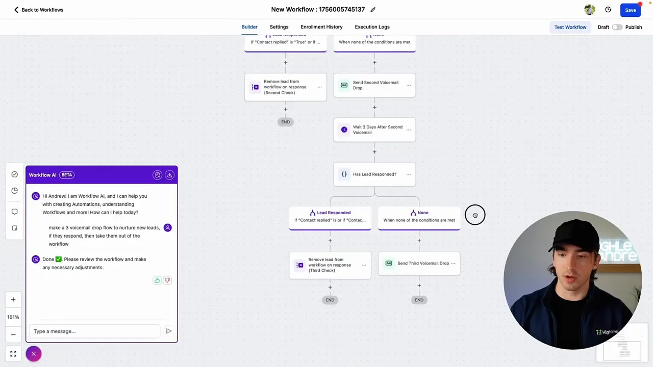 Workflow timeline showing voicemail drop, wait 3 days, voicemail drop 2, wait 3 days, voicemail drop 3