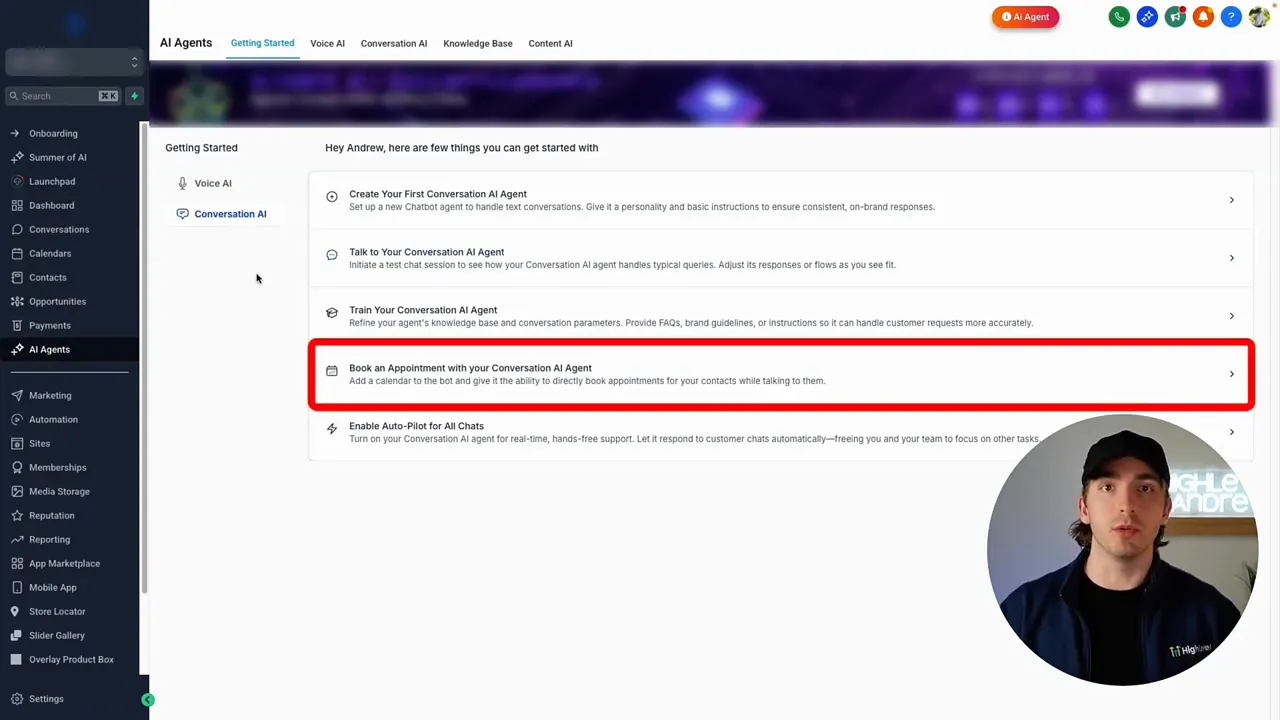 Creating a conversation AI agent screen for appointment booking