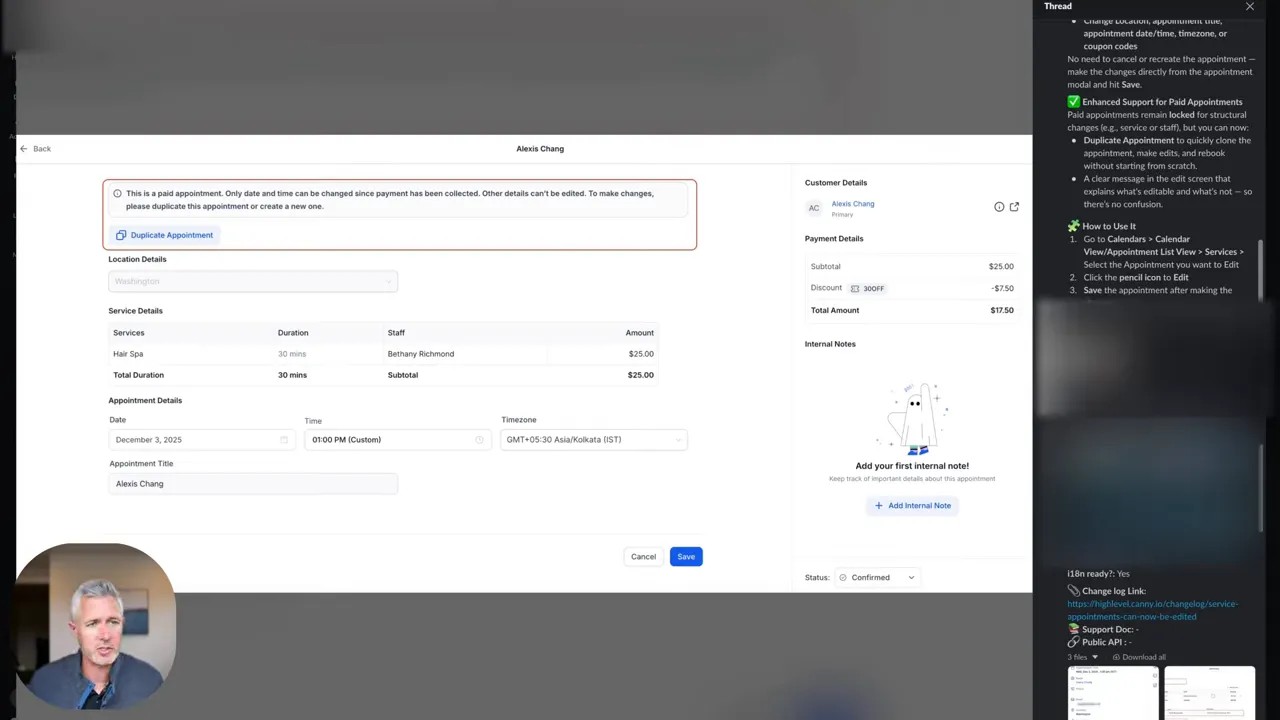 Clear GFunnel appointment edit modal highlighting duplicate appointment, editable service details, timezone and Save button with presenter thumbnail.