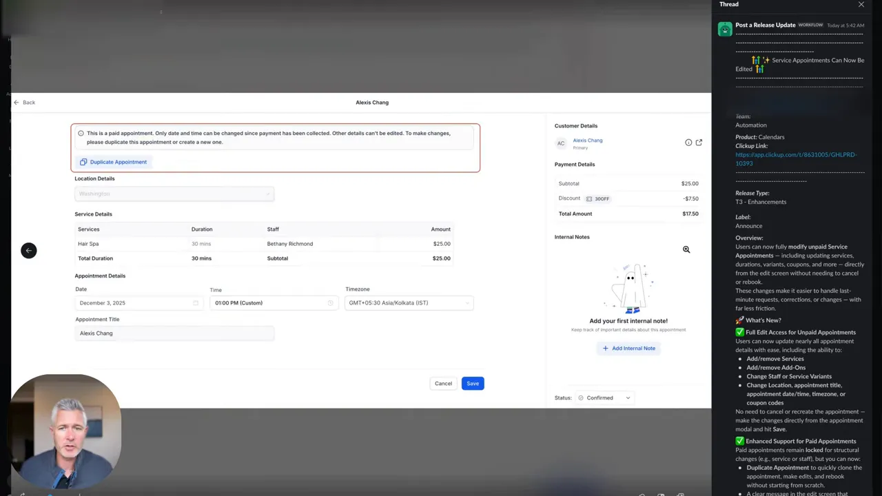 GFunnel appointment edit interface highlighting duplicate option and editable appointment fields