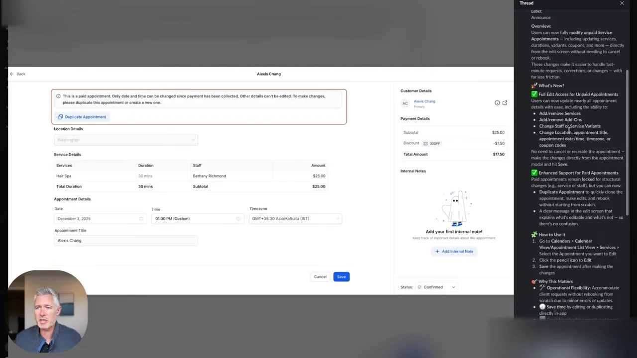 clear centered GFunnel appointment editor screenshot showing editable booking fields