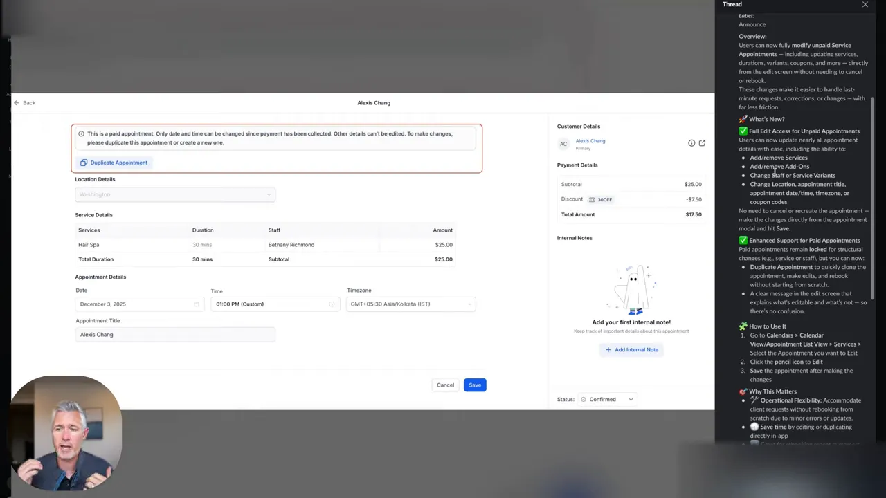 Wide GFunnel appointment editor screenshot showing editable service, date/time and timezone selectors, payment summary and presenter thumbnail bottom-left.