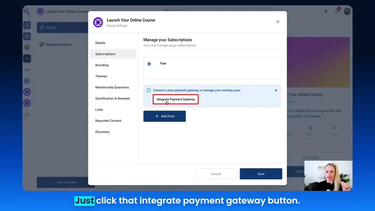 Subscriptions settings showing free vs paid group options and 'Integrate payment gateway' button