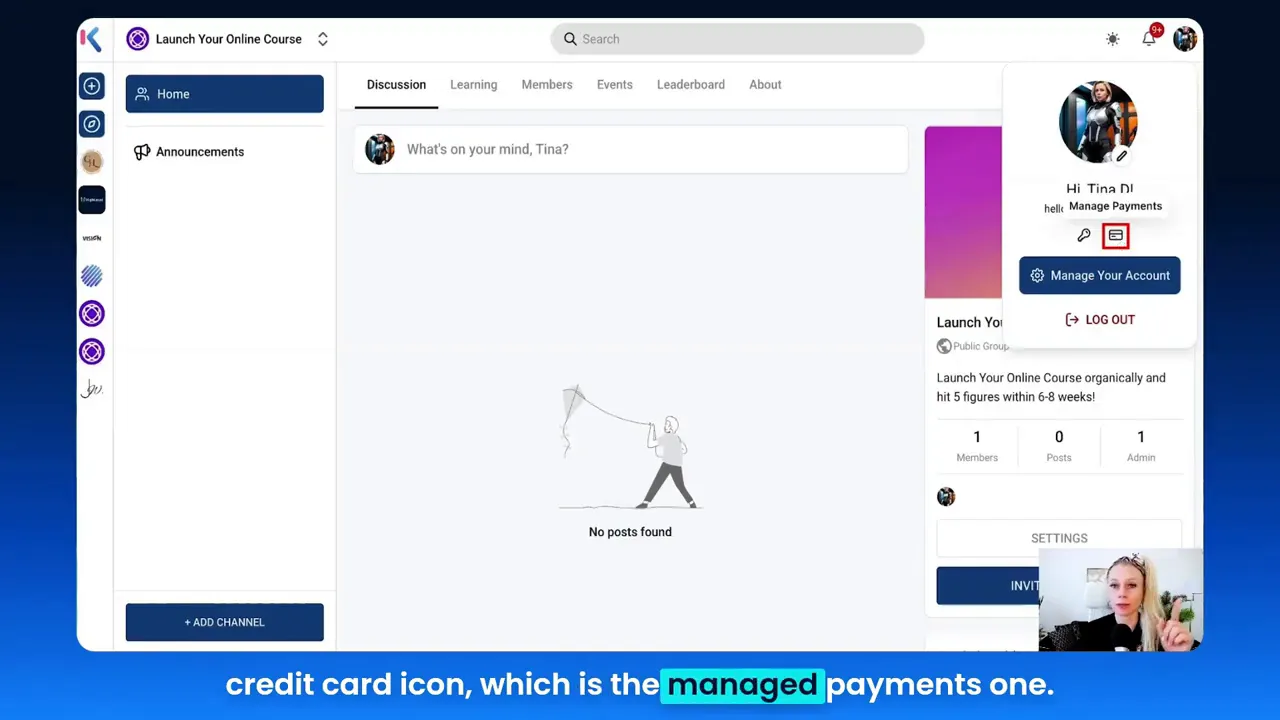 Profile top-right corner showing payment icon and manage payments option