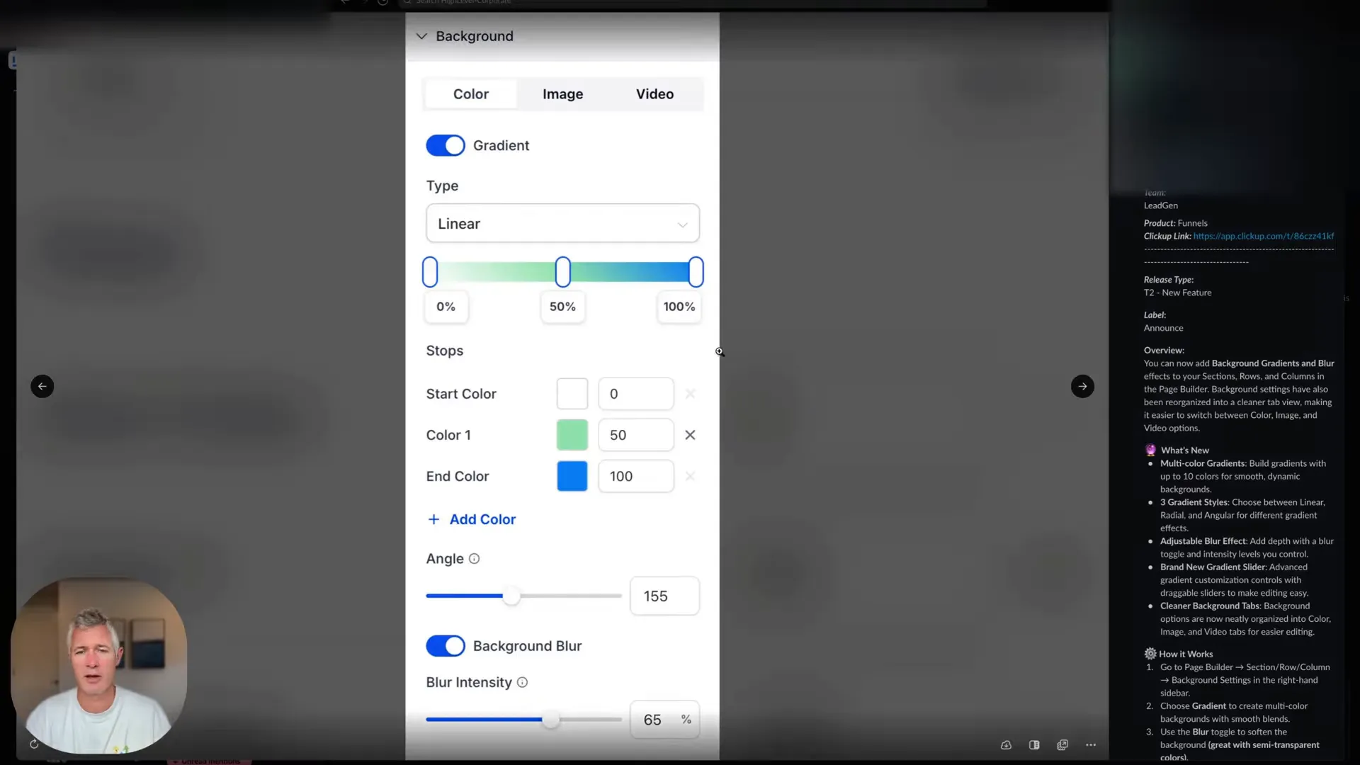 Page Builder showing gradient and blur adjustments in the editor