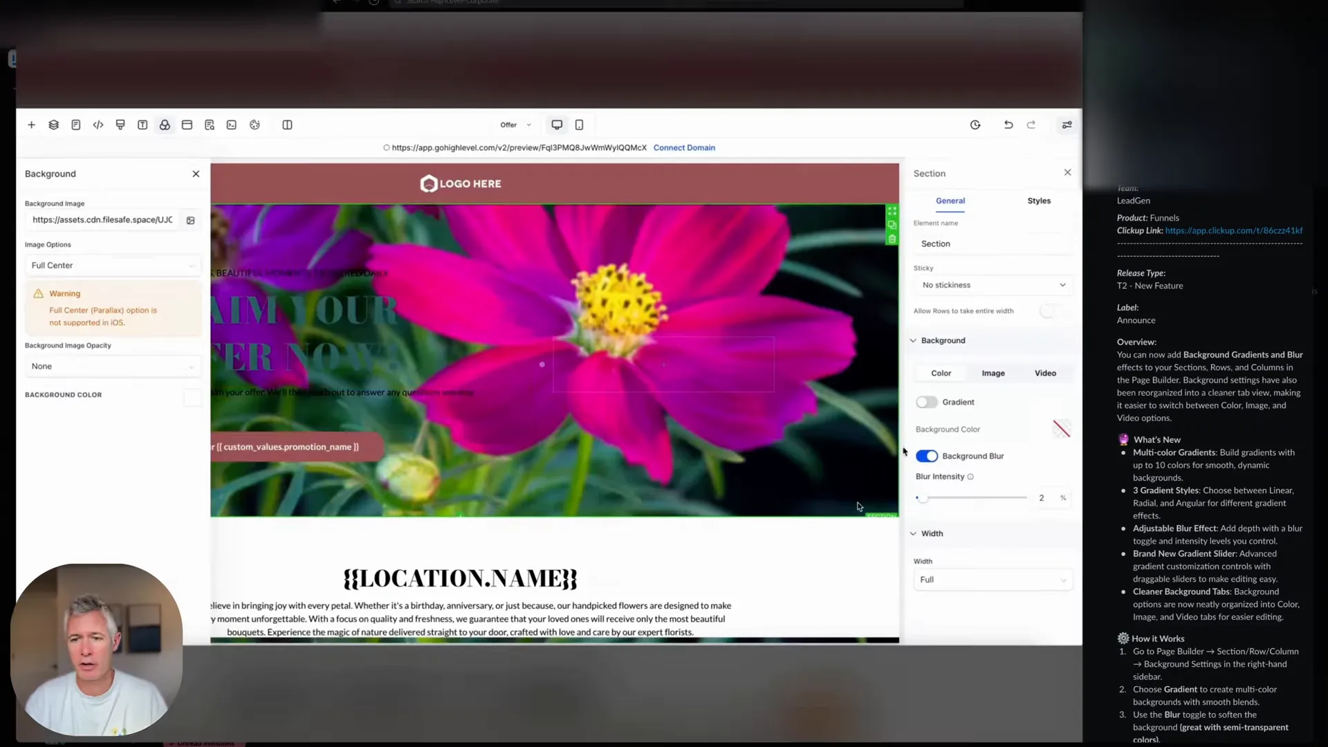 Upload background image and blur controls in Page Builder
