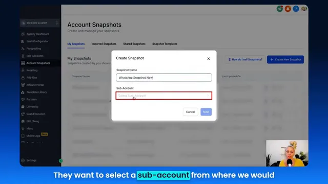 Create new snapshot menu in account snapshot settings