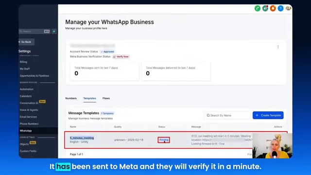 Imported WhatsApp template status pending in WhatsApp templates list