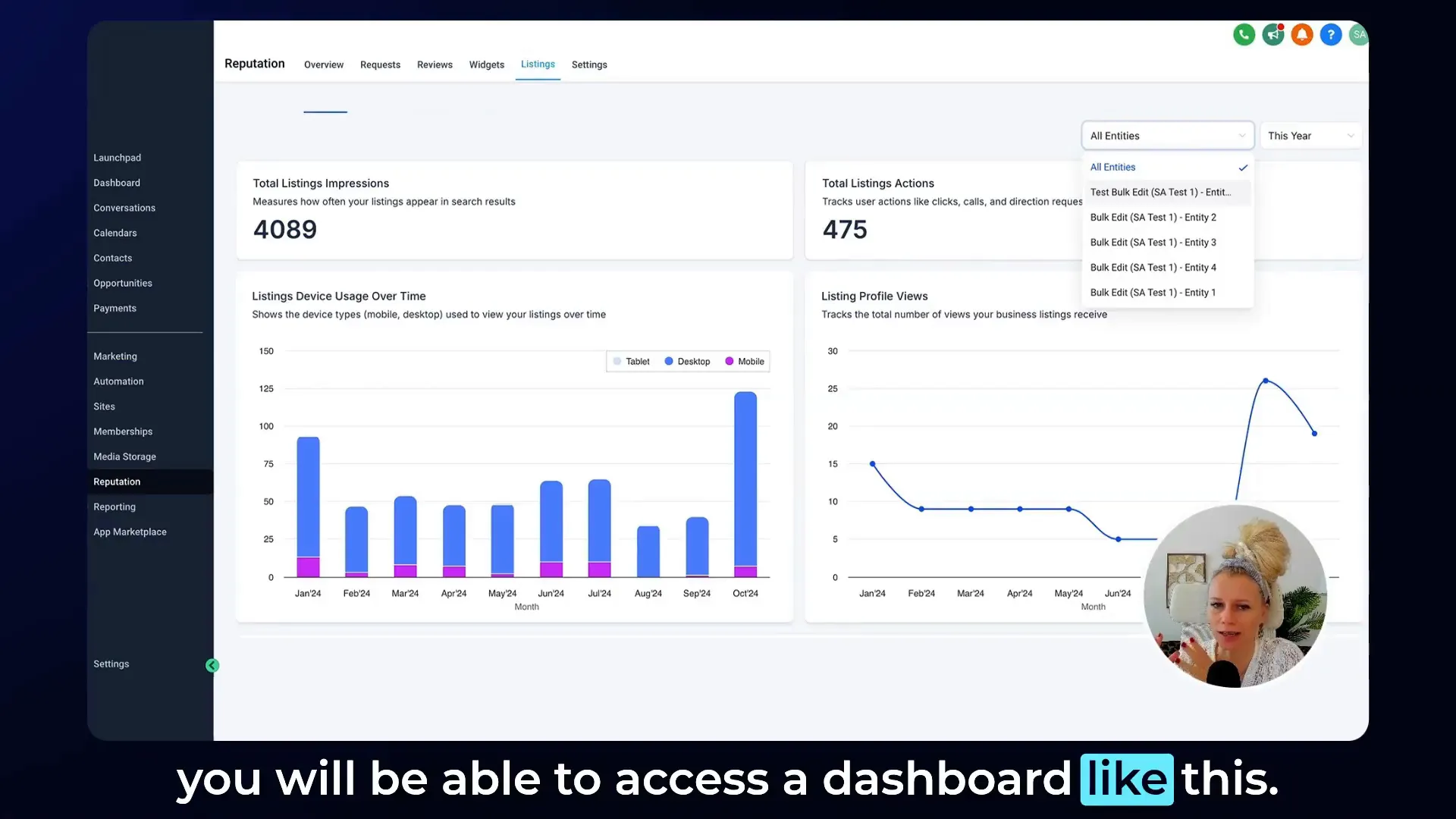 GFunnel dashboard showing total listing impressions and actions