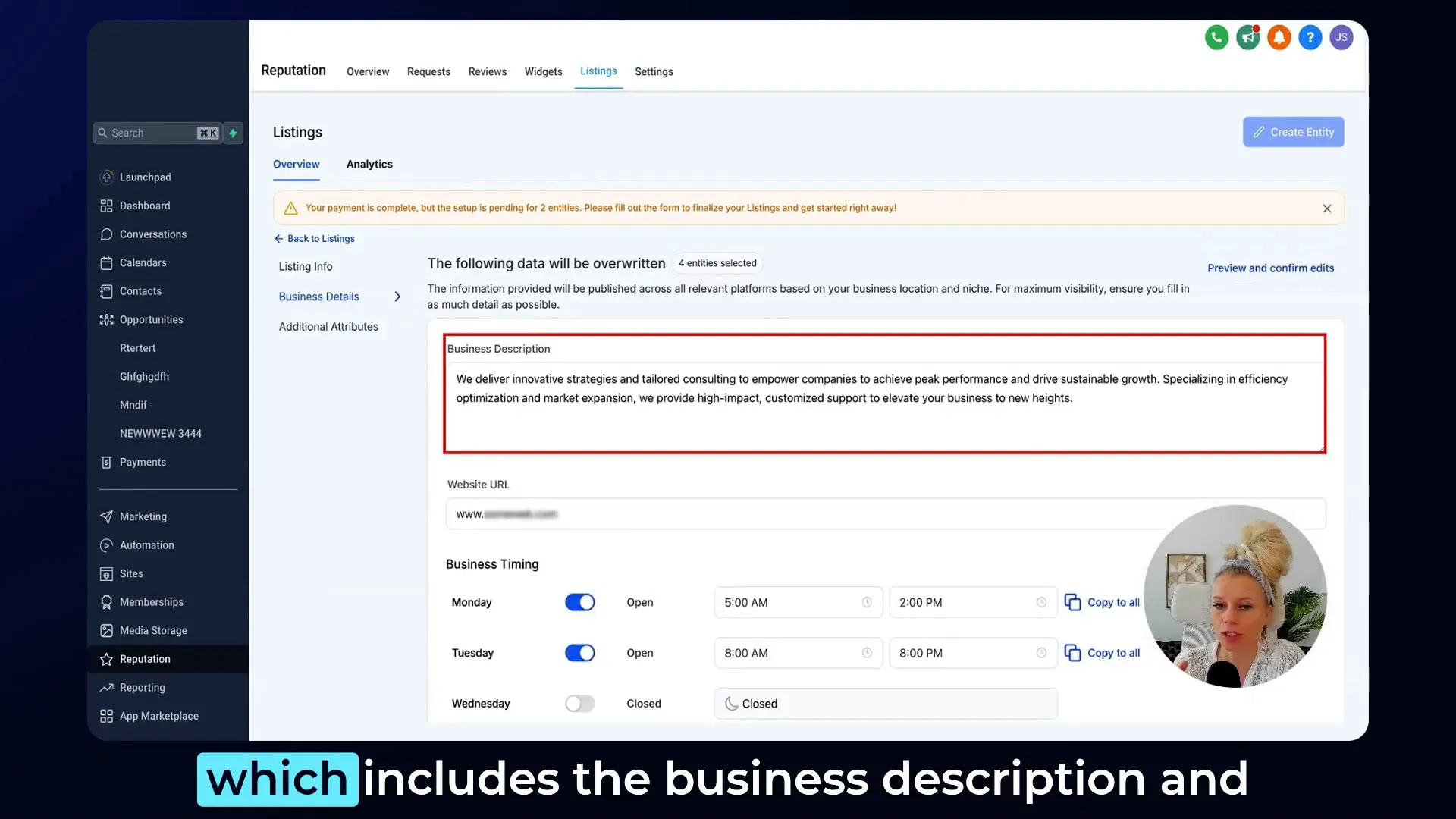 Editing business details and SEO settings in GFunnel