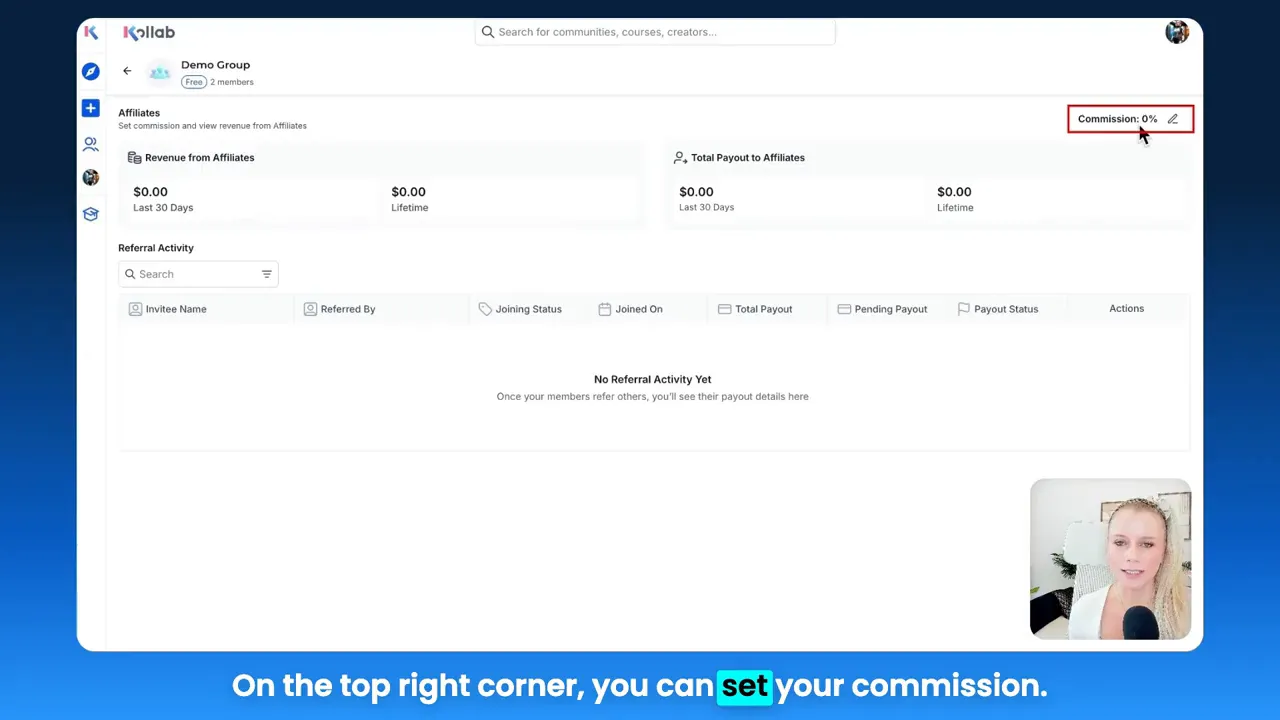 GFunnel studio showing community list and affiliate settings