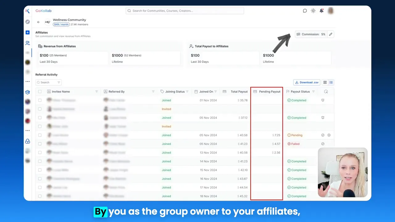Pending payouts table and payment status column
